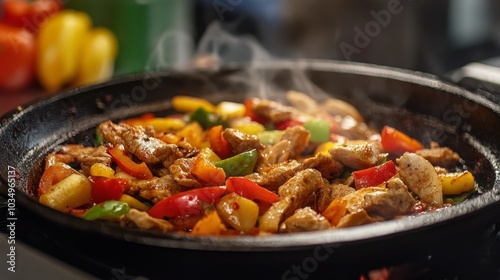 Sizzling chicken fajitas with colorful peppers in a skillet