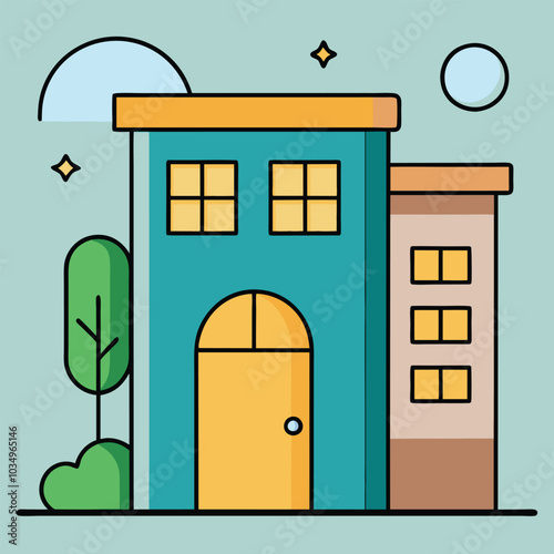 A cartoon drawing of a building with a door and a window vector illustration