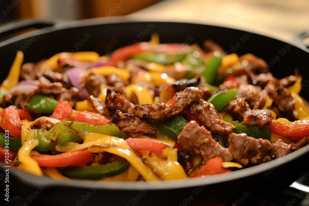 Delicious sizzling fajitas with colorful peppers served in a skillet Delicious sizzling fajitas with colorful peppers served in a skillet