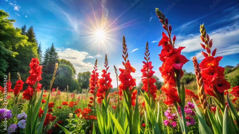 Stunning Summer Garden with Vibrant Red Gladiolus Flowers in Full Bloom Under Clear Blue Sky, Perfect for Nature Lovers and Floral Enthusiasts, Captivating Outdoor Serenity Stunning Summer Garden with Vibrant Red Gladiolus Flowers in Full Bloom Under Clear Blue Sky, Perfect for Nature Lovers and Floral Enthusiasts, Captivating Outdoor Serenity