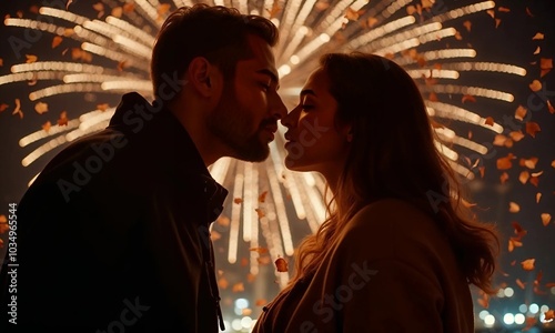 Silhouette of couple kissing against fireworks display at night