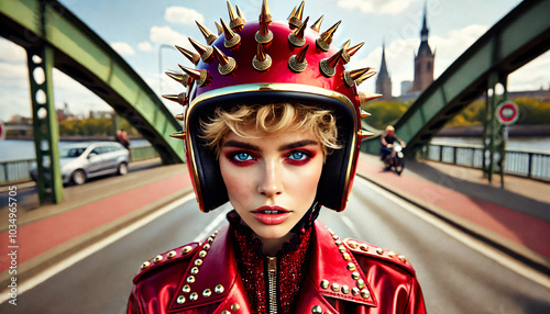 portrait of a biker woman in a red leather jacket and helmet photo