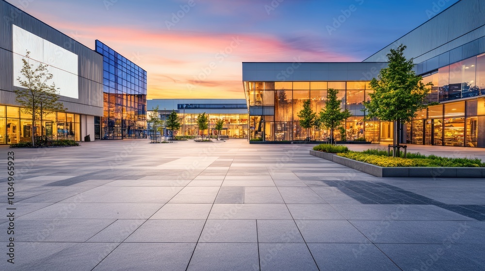 Modern Shopping Center at Sunset with Reflective Glass