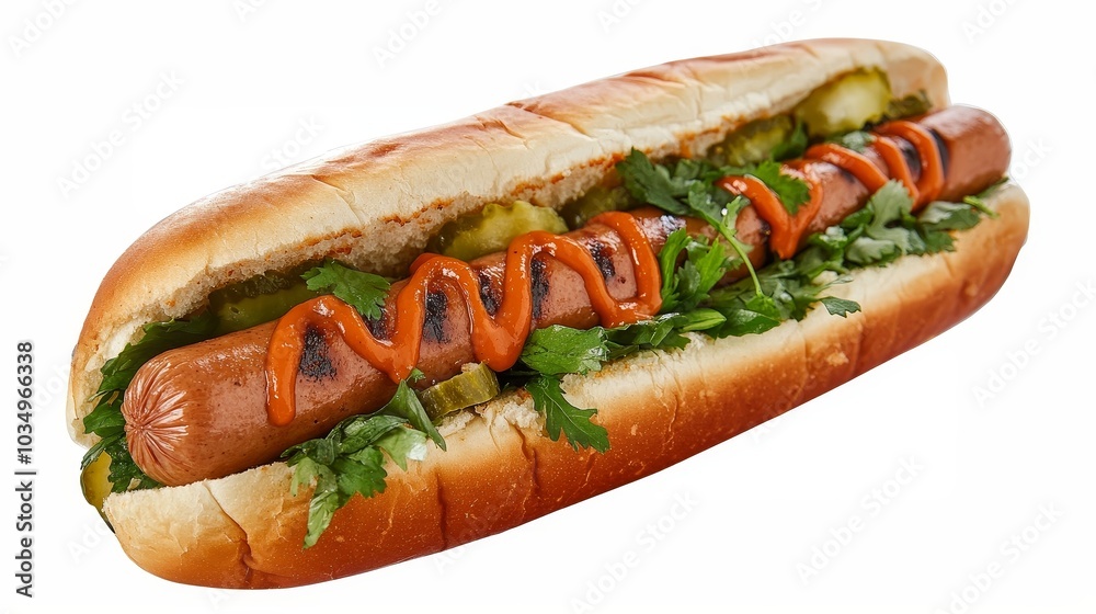 Freshly grilled hot dog loaded with toppings in a bun Freshly grilled hot dog loaded with toppings in a bun