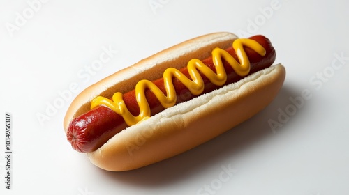 Delicious hot dog with mustard served on a white background