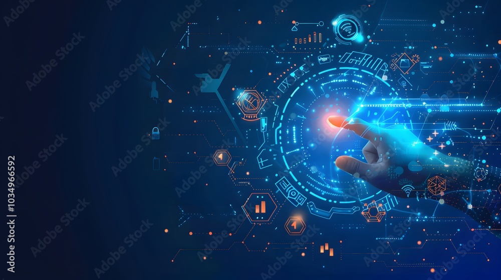 Obraz premium Hand touching a digital screen with icons of technology and online network connection, cloud storage, or security system on a dark blue background