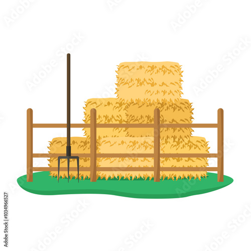 Straw bales with pitchfork behind fence. Vector illustration.