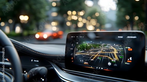 Sleek futuristic vehicle dashboard featuring a glowing interactive GPS map displayed on the car windshield for seamless city navigation and route guidance