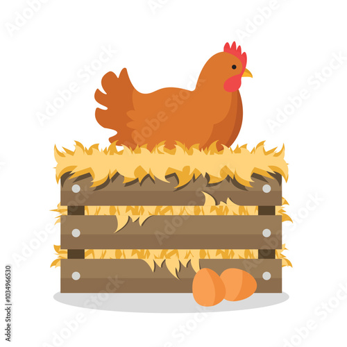 Chicken icon on a bale of hay with eggs. Vector illustration.