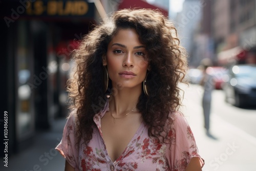 A woman with curly hair and gold earrings stands in front of a building