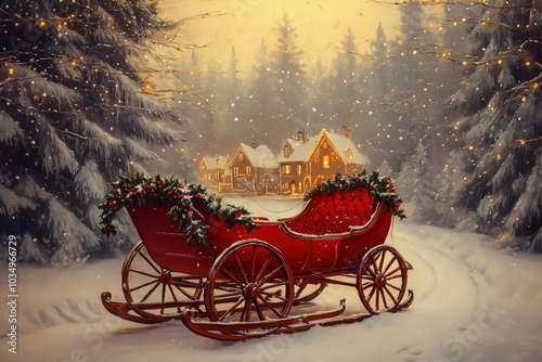 An oil painting of a vintage red sleigh decorated with holly berries and leaves, resting in a snowy forest with house village on the background