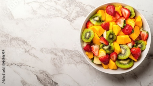 Fresh Fruit Salad in White Bowl on Marble Surface