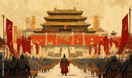 A procession of soldiers approaching a gate.