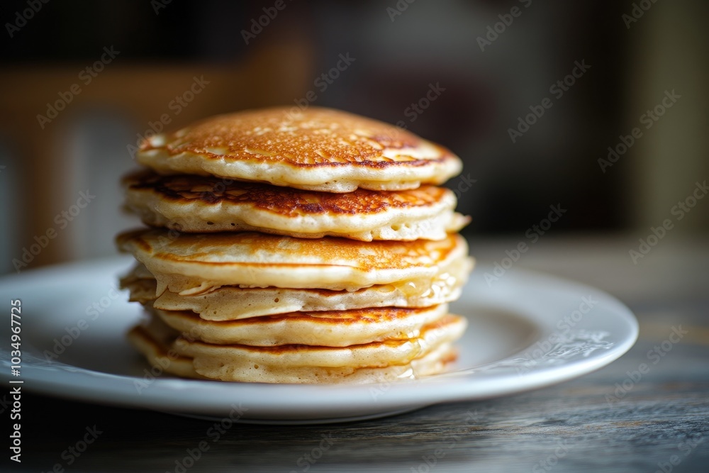 Stack of fluffy pancakes on a white plate in a cozy kitchen Stack of fluffy pancakes on a white plate in a cozy kitchen