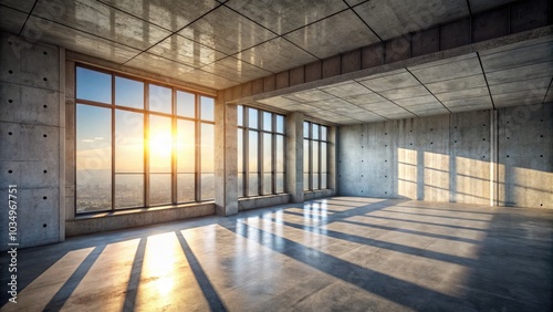 Surreal Empty Concrete Room with Large Windows and Sunbeams Casting Dramatic Shadows, Evoking a Sense of Isolation and Tranquility in an Urban Environment