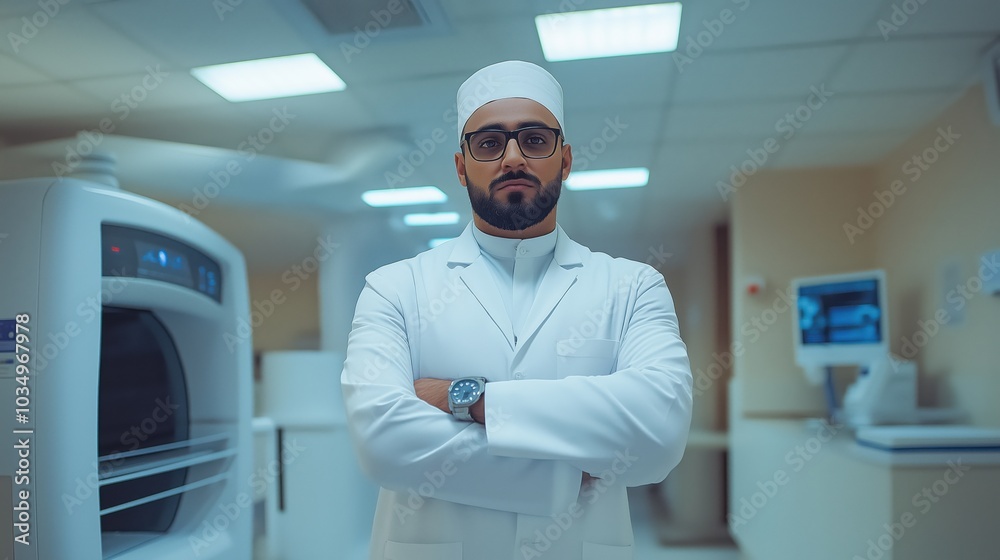 Indian tomography specialist posing with crossed arms at background of CT scanner, MRI examination. Indian tomography specialist posing with crossed arms at background of CT scanner, MRI examination.