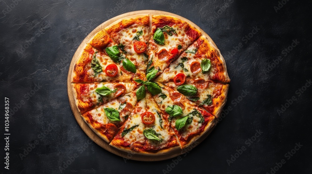 Freshly baked Margherita pizza with basil and cherry tomatoes Freshly baked Margherita pizza with basil and cherry tomatoes