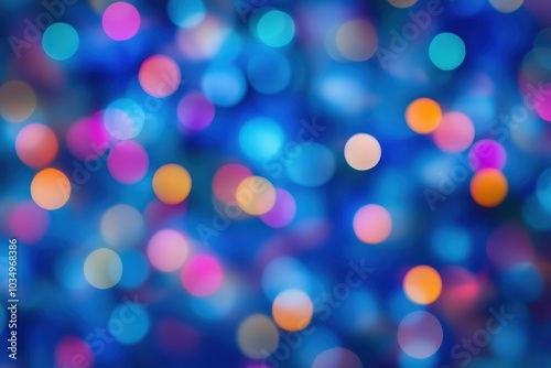 Abstract blurred bokeh lights in blue, pink, and yellow colors, creating a soft and festive Christmas background template.
