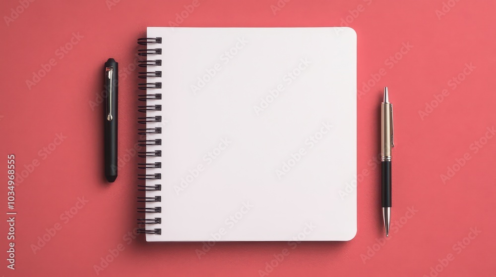 A blank spiral notebook positioned on a vibrant red background, accompanied by a black pen and a gold pen for writing. A blank spiral notebook positioned on a vibrant red background, accompanied by a black pen and a gold pen for writing.