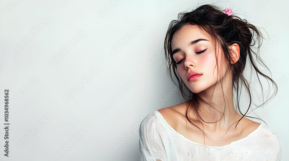 Beautiful Woman with Messy Hair and Soft Makeup Beautiful Woman with Messy Hair and Soft Makeup