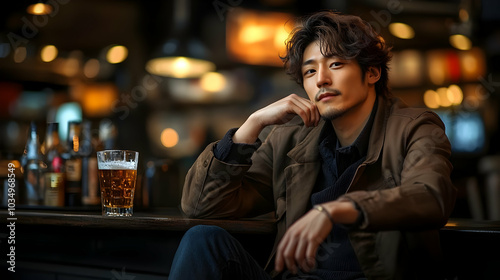 Man Sitting at a Bar with a Drink, Relaxed Evening Atmosphere