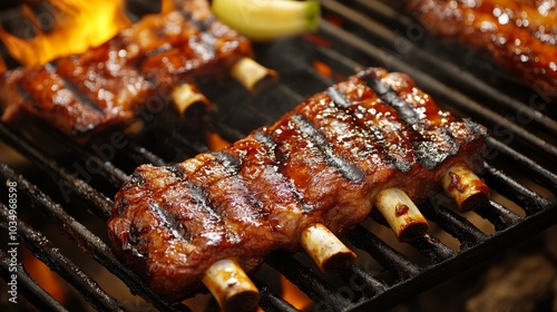 Grilling pork BBQ ribs over an open flame at a summer cookout