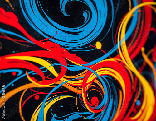 Close up of a colorful abstract painting featuring vibrant reds, yellows, and blues against a deep black background, 