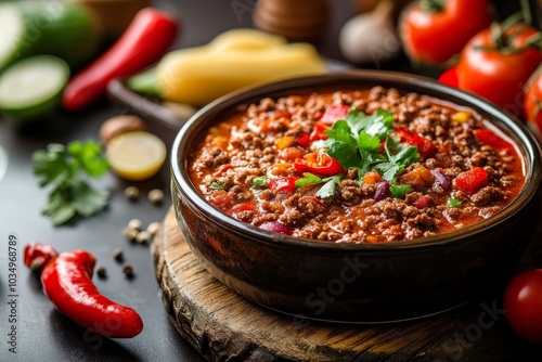 Hearty Texas chili meat soup with fresh ingredients and vibrant colors
