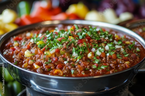 Hearty spicy Texas chili meat soup garnished with fresh herbs