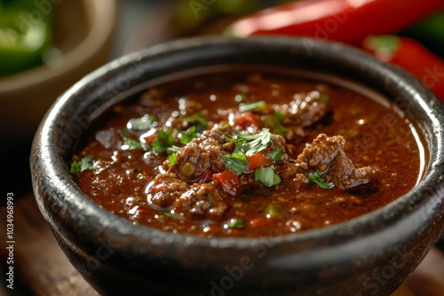 Delicious spicy Texas chili meat soup garnished with fresh herbs