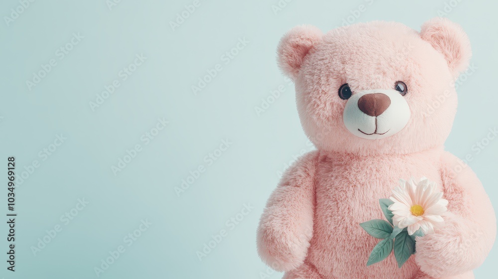 Obraz premium A cute pink teddy bear holding a flower, perfect for conveying love and tenderness in children's or gift-related themes.