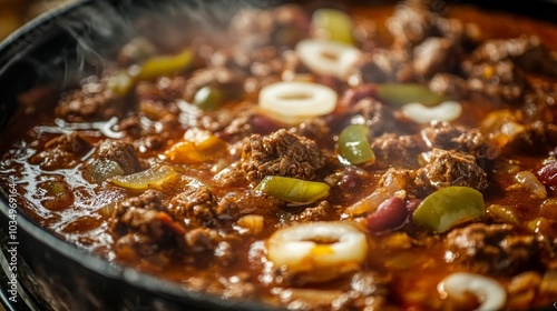 Spicy Texas chili meat soup simmering in a pot with fresh ingredients
