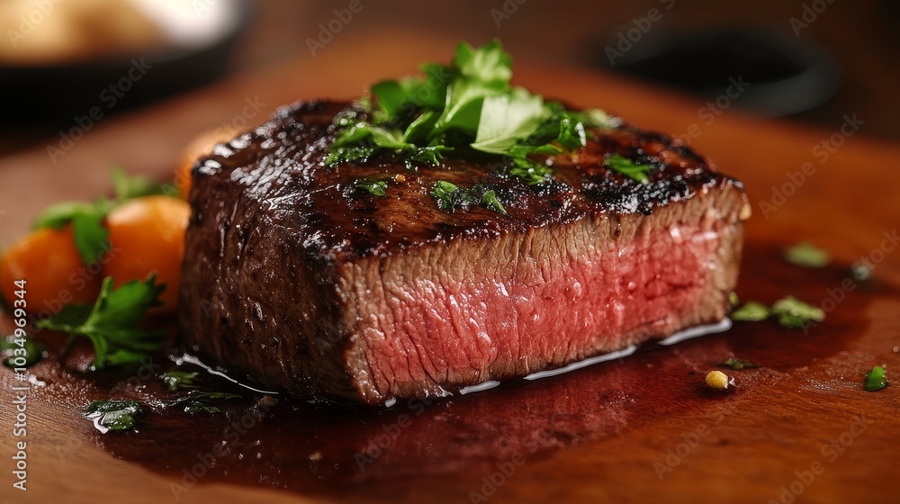 Juicy grilled steak served on a wooden board with herbs and sauce Juicy grilled steak served on a wooden board with herbs and sauce