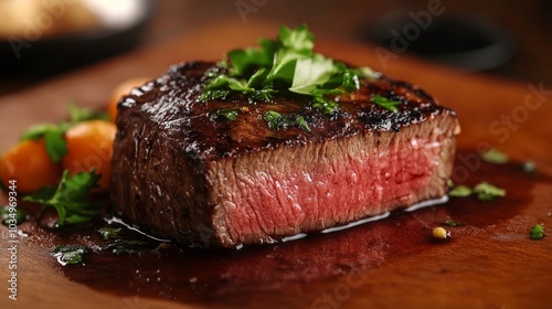 Juicy grilled steak served on a wooden board with herbs and sauce