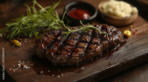 Juicy grilled steak served with side condiments and greens