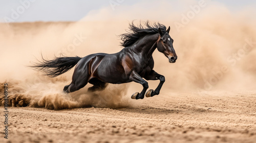 Majestic black horse galloping through desert sand displaying power and freedom