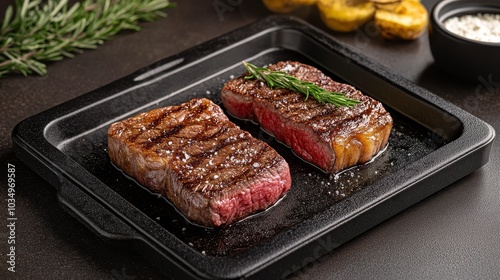 Savory grilled steaks served on a black plate with herbs