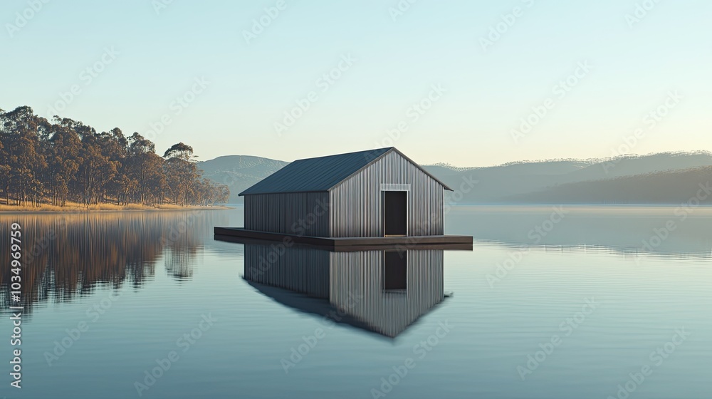 Serene Lake House at Dawn with Reflections Serene Lake House at Dawn with Reflections