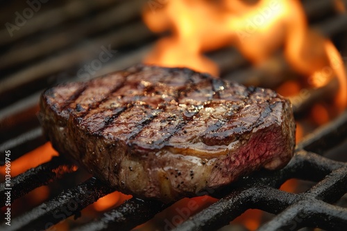 Grilled steak cooking over flames on an outdoor barbecue grill