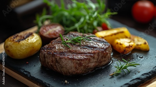 Grilled steak served with vegetables and fresh herbs on a platter