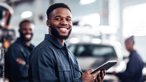 Smiling mechanic using tablet in auto repair shop with colleagues in background