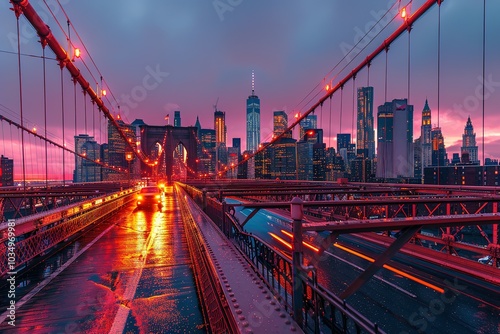 A view of the city skyline from the bridge at dusk.