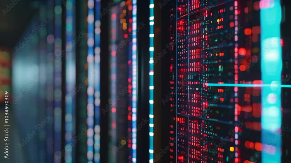 Multiple rows of computer screens are neatly organized in a bustling data center, Mainframe servers with binary code matrix in the backdrop