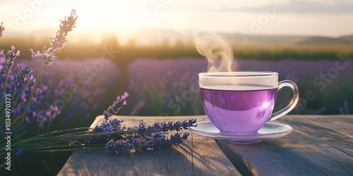 A steaming cup of lavender tea sits on a wooden table in a scenic lavender field during sunset, radiating tranquility and beauty. photo