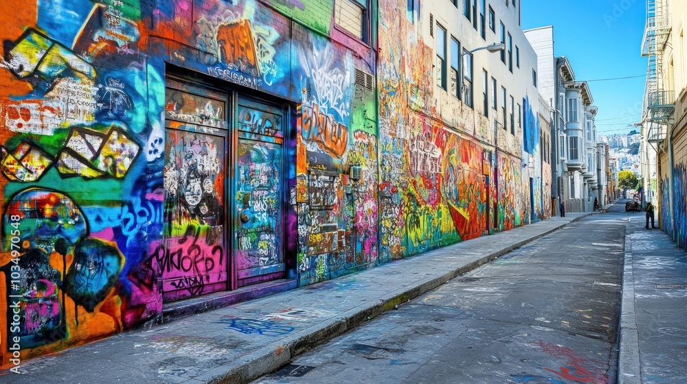 Naklejka premium Colorful Graffiti-Covered Alleyway in an Urban Setting
