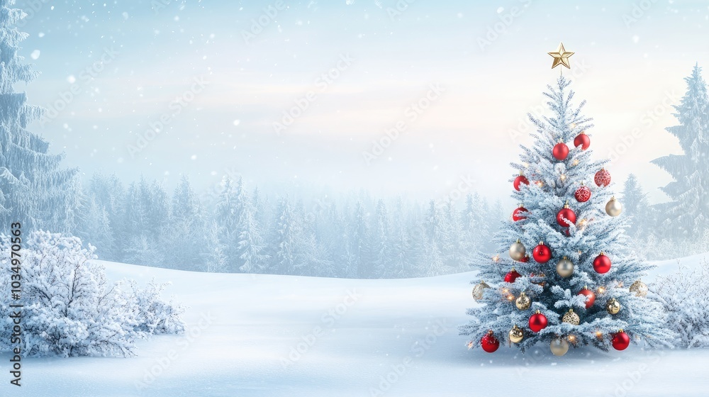 Winter Wonderland with Christmas Tree and Snowy Landscape Winter Wonderland with Christmas Tree and Snowy Landscape