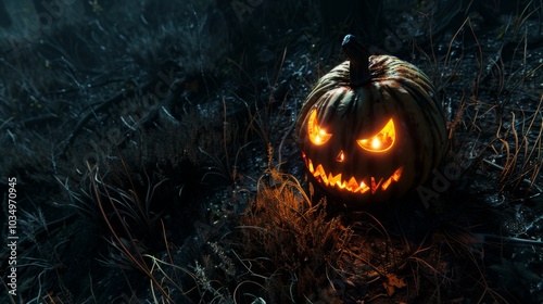 A carved glowing pumpkin in dark woods perfect for Halloween horror-themed projects and eerie seasonal marketing.
 photo