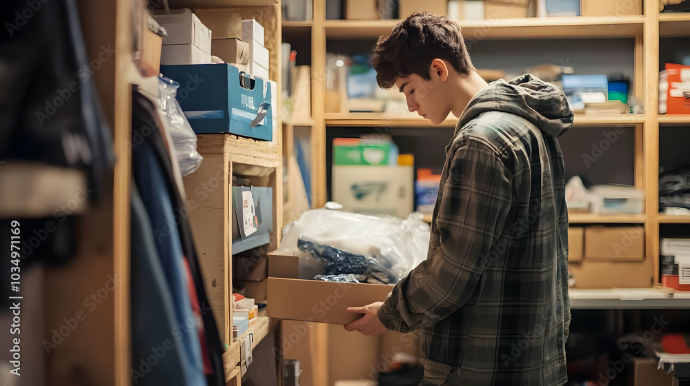 A Young Man Carefully Searches for a Package in a Storage Room, Finding it Among the Boxes A Young Man Carefully Searches for a Package in a Storage Room, Finding it Among the Boxes