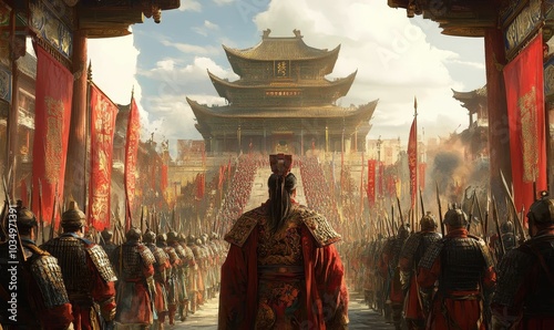 Ancient Chinese leader marching with soldiers.