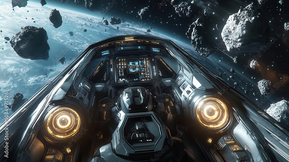 Craft a sleek and realistic spaceship interior, complete with glowing thrusters and meteorite surroundings Craft a sleek and realistic spaceship interior, complete with glowing thrusters and meteorite surroundings